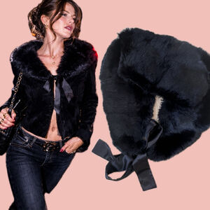 Vintage Pelle Nova Real Fur Collar Black Satin Tie Y2K